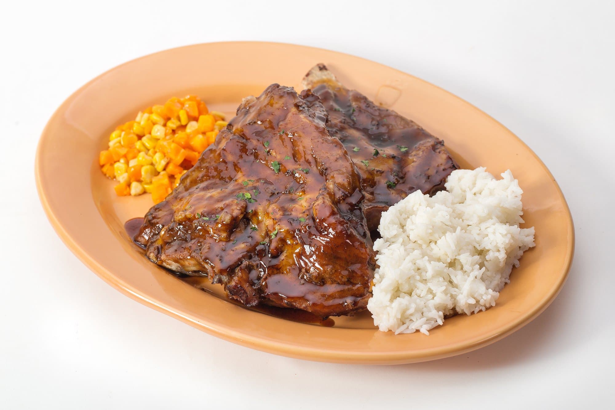 Brian's Ribs close-up: the meat pull, glaze still wet, rice and corn & carrots in frame